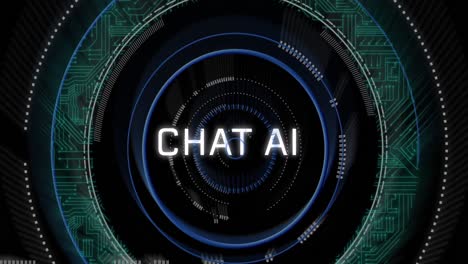 Animation-of-chat-ai-text-over-circuit-board-pattern-in-loading-circles-over-black-background