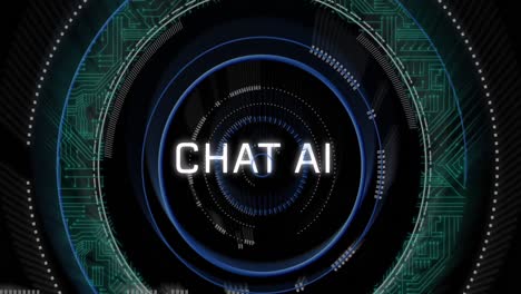 animation of chat ai text over circuit board pattern in loading circles over black background