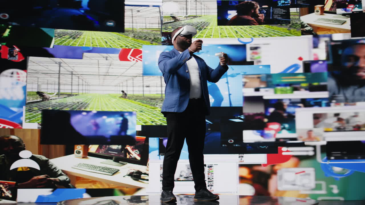 African american media user immersed in visual environment with VR headset