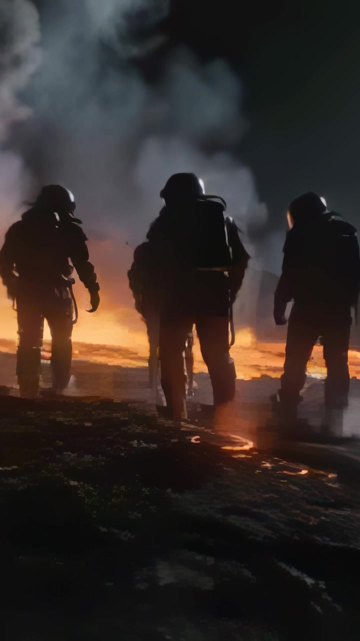 Vertical video: Walking suited team with helmets advancing toward lava at night, drawn by glow