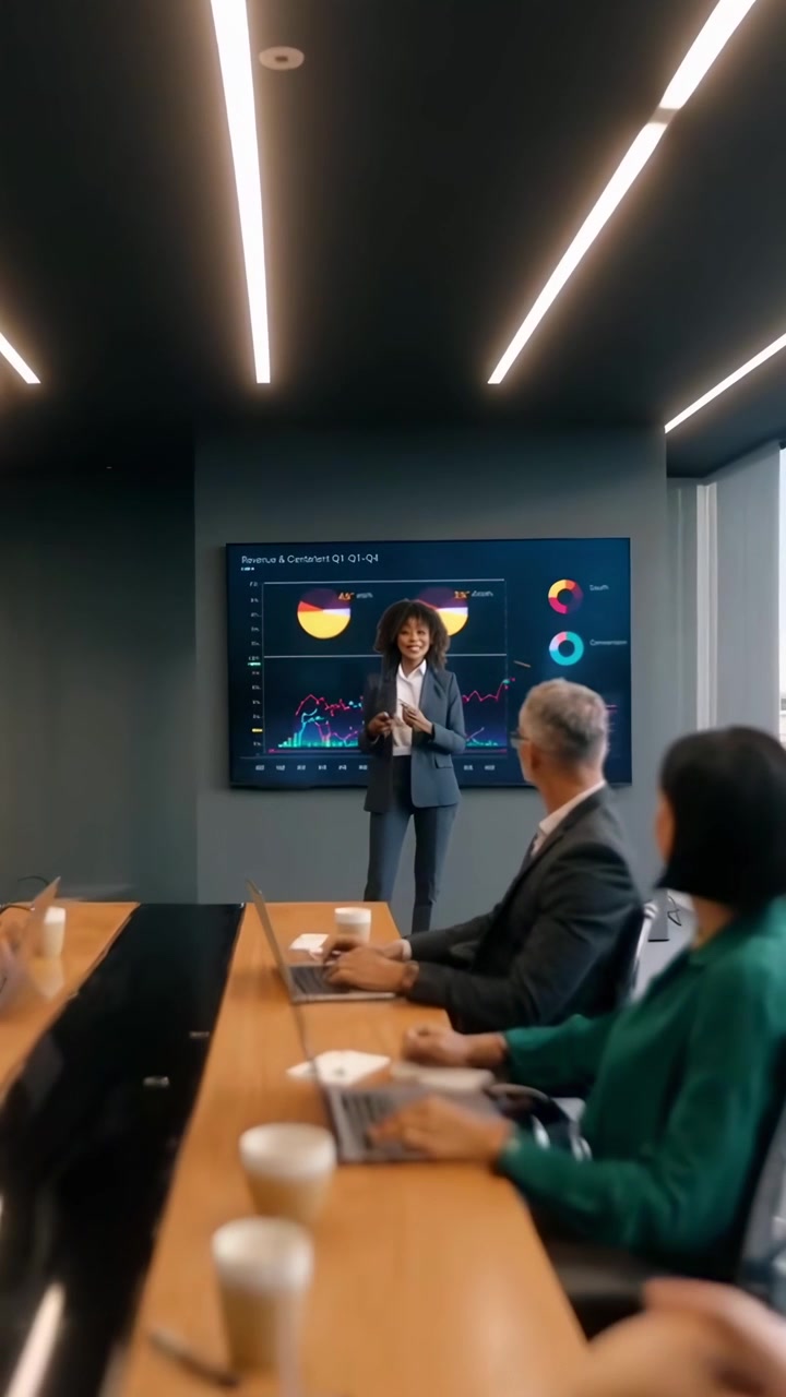 Businesswoman Presenting Data Analytics to Colleagues in Modern Office