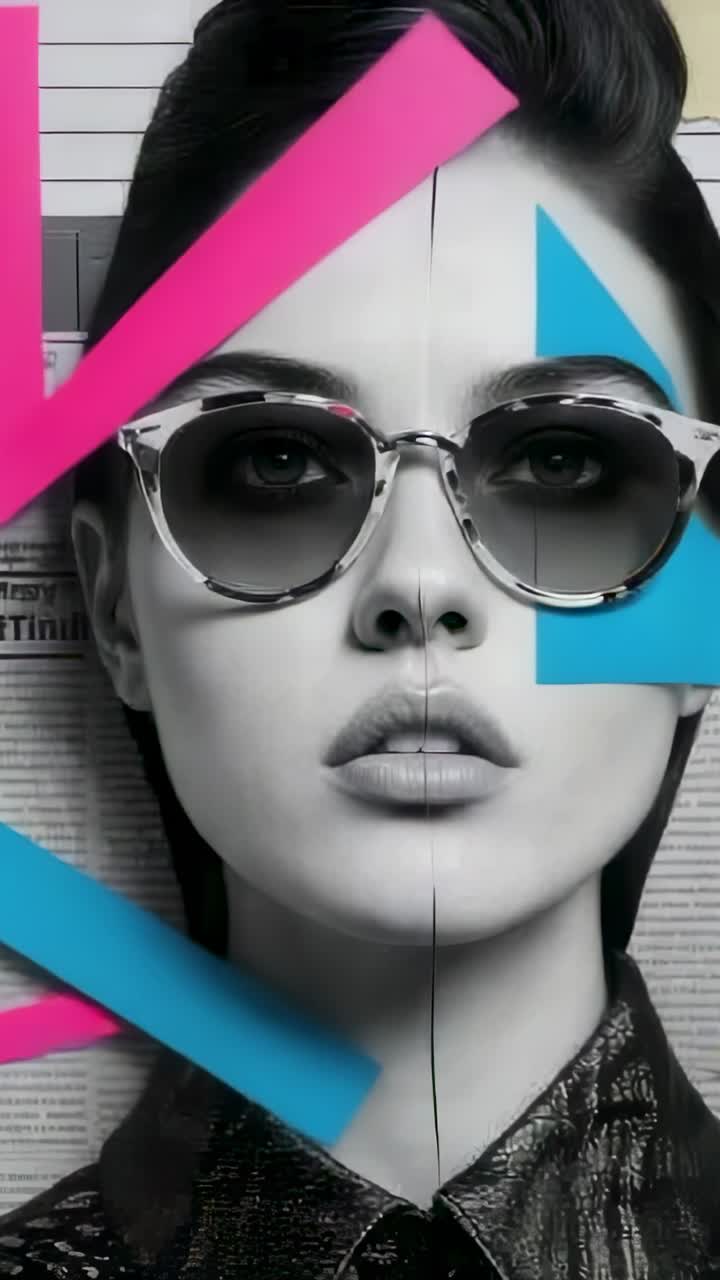 Vertical video: Sliding, receding magenta bars showing model face in studio, shades, leather jacket