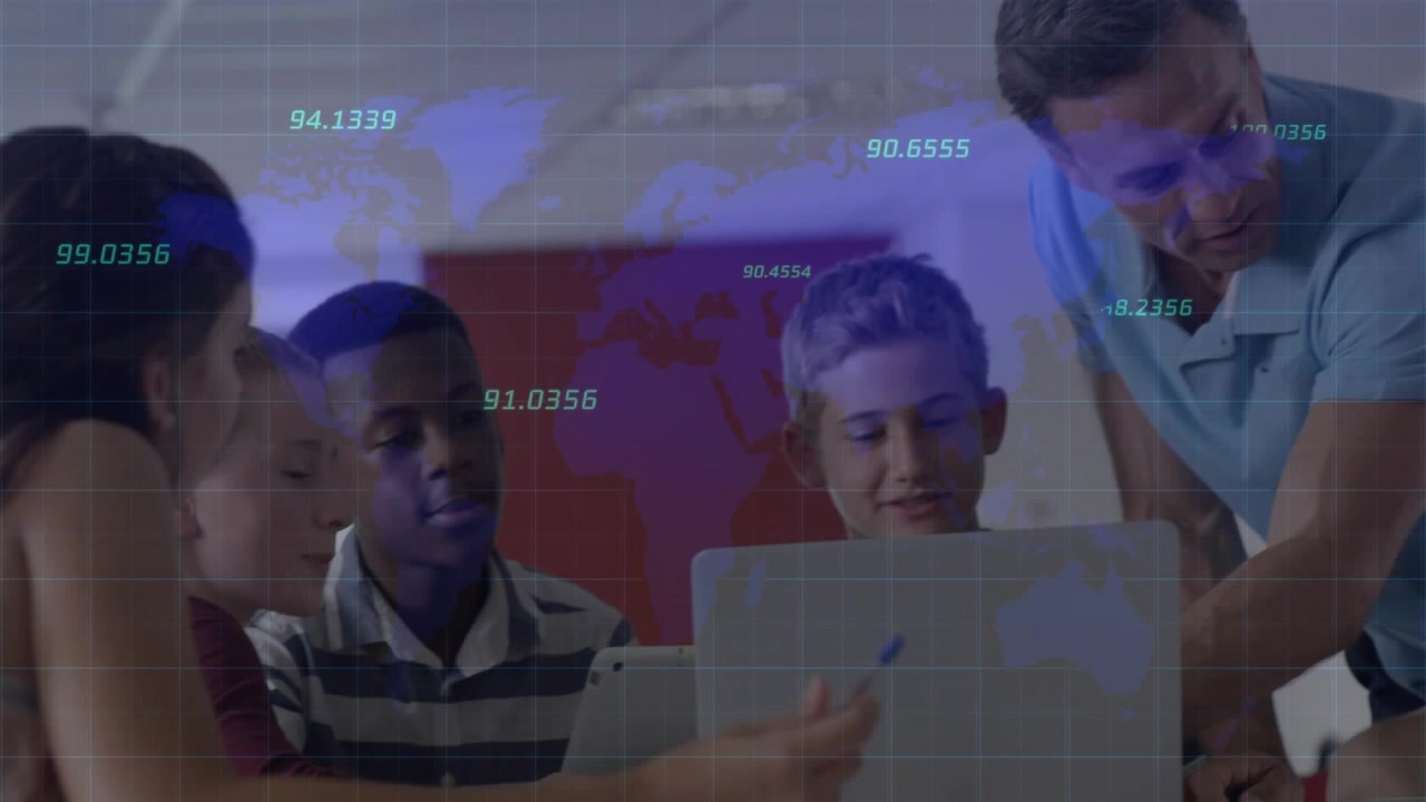 Teacher Guiding Students Using Laptop in Classroom with Digital Data Overlay