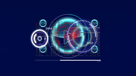 Animation-Von-Kreisförmigen-Scannern,-Die-Daten-Verarbeiten,-Und-Wiedergabesymbol-Auf-Dunkelblauem-Hintergrund