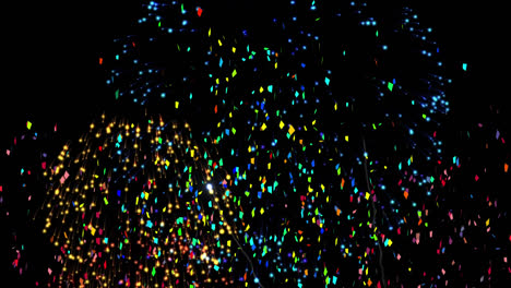 Animation-of-multi-coloured-confetti-and-fireworks-exploding-on-black