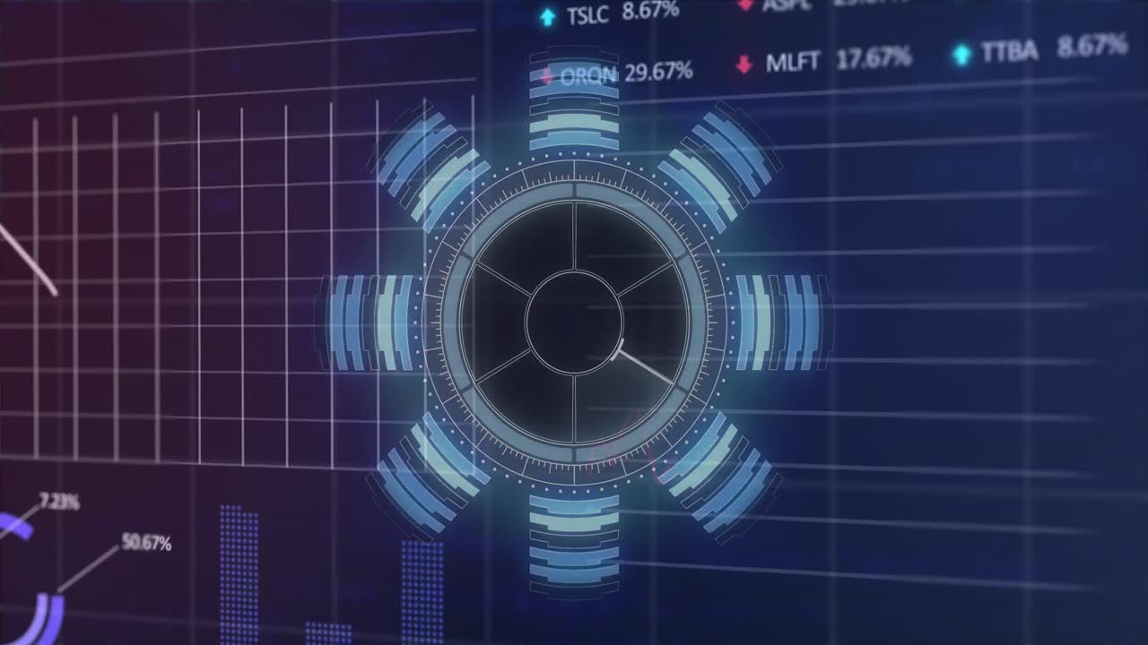 animación de un escáner redondo sobre el procesamiento de datos estadísticos y del mercado de valores sobre un fondo púrpura