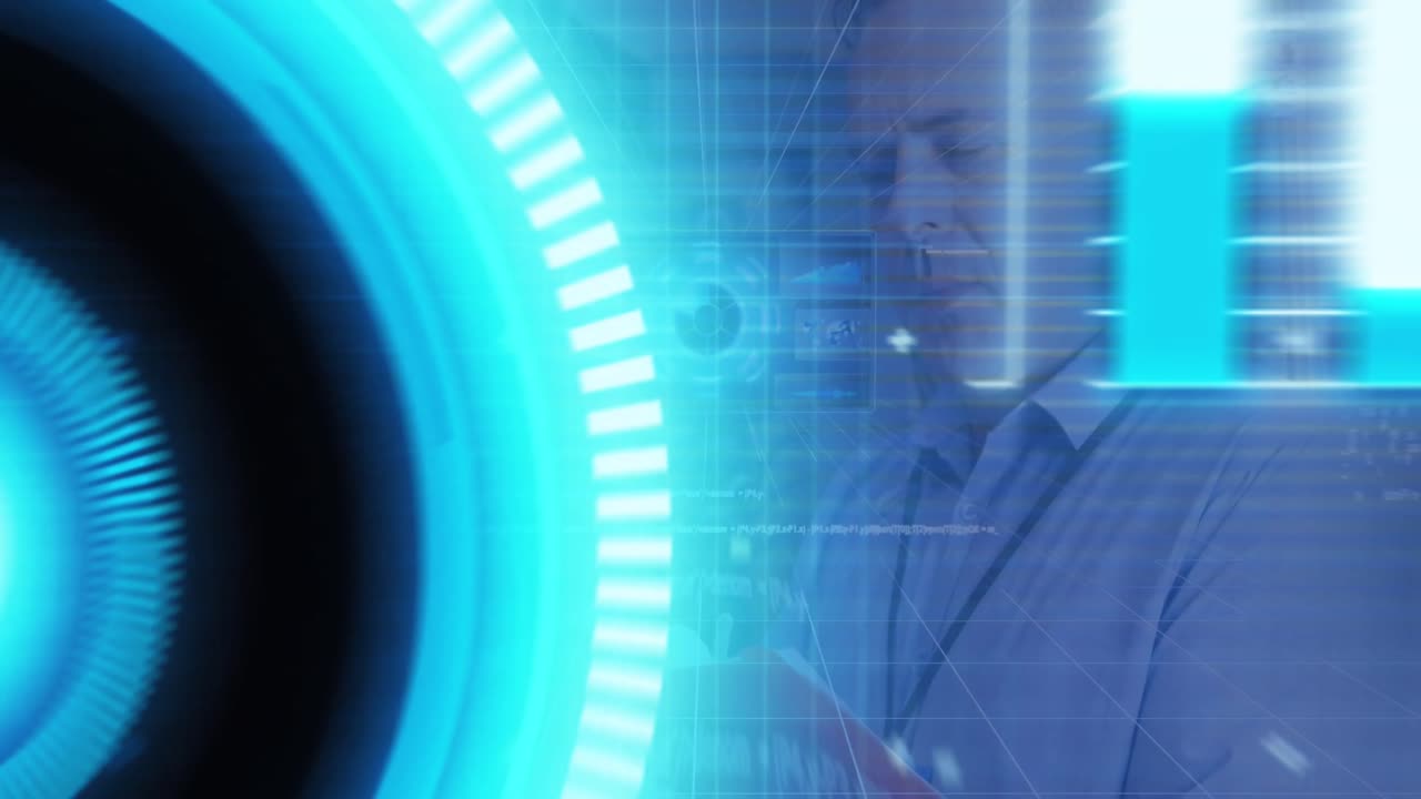 animación de escaneo de alcance y procesamiento de datos sobre el servidor informático caucásico