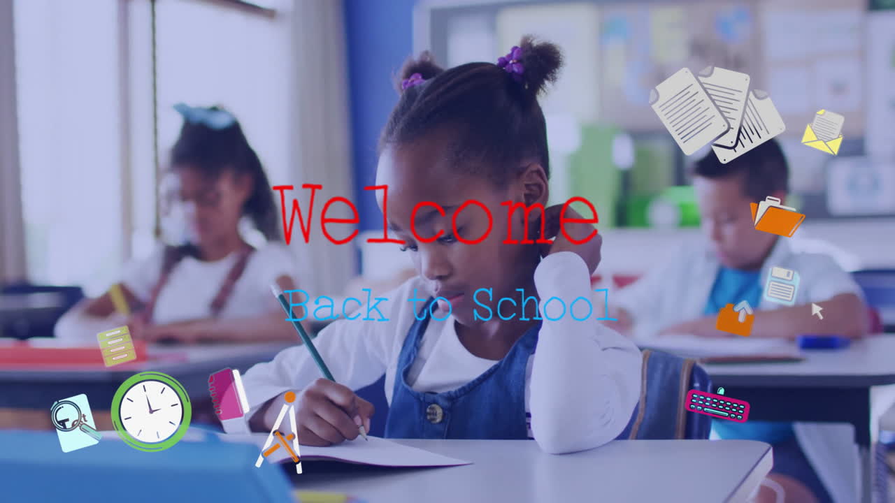 In school, child writing at desk with animation of Welcome Back to School icons