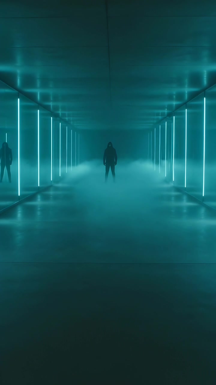 Vertikales Video: Sensor aktiviert Kapuzengestalt, die mitten in der Halle steht, für Kunstnebel mit schwebenden cyanfarbenen LEDs.
