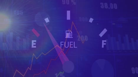 animation of speedometer and statistical data processing against light spot on blue background