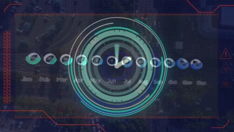 animación del reloj de neón y el procesamiento de datos del calendario sobre una vista aérea del paisaje urbano.