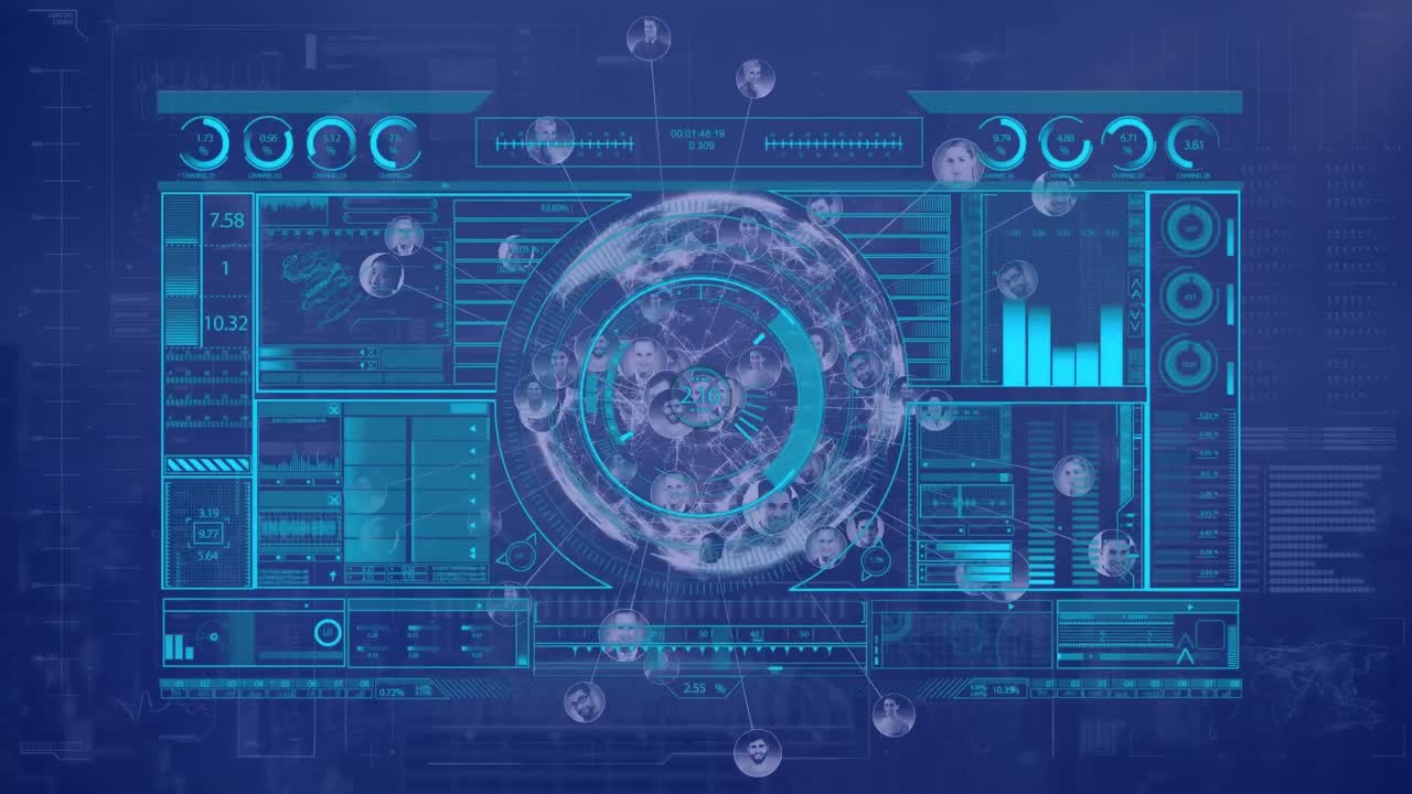 Animation of globe of business profile icons and interface with data processing on blue background