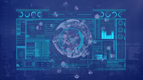 Animación-Del-Globo-De-Iconos-De-Perfil-Empresarial-E-Interfaz-Con-Procesamiento-De-Datos-Sobre-Fondo-Azul