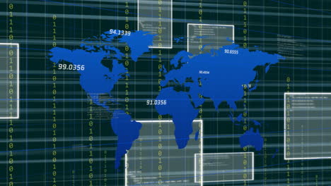 animación de mapas y números con códigos binarios y lenguajes informáticos en el fondo de la cuadrícula