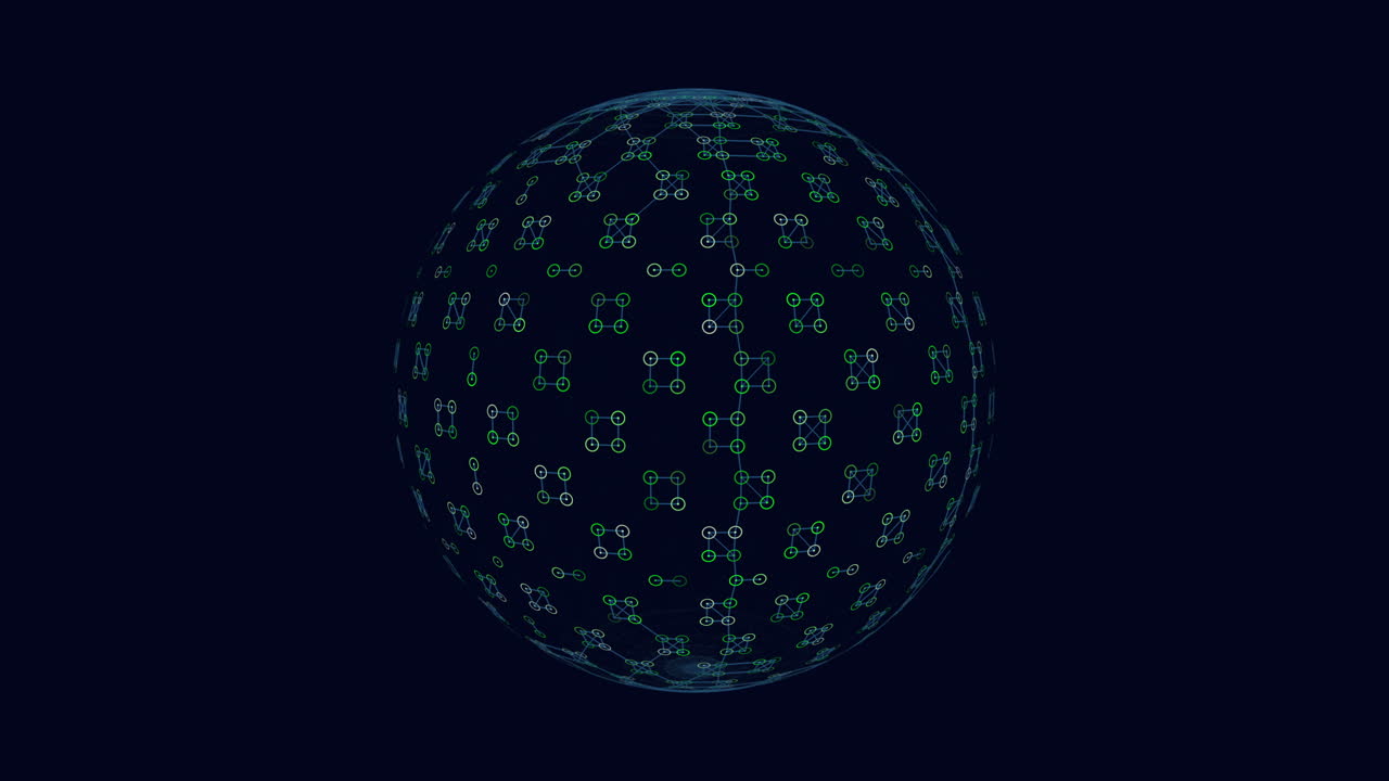 Futuristic geometric sphere with neon rings on black gradient