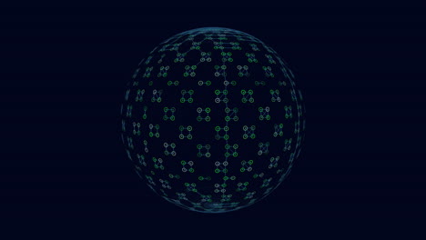 futuristic geometric sphere with neon rings on black gradient