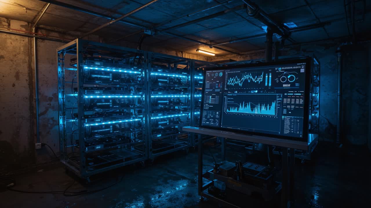 High-Tech Data Processing Facility with Advanced Display Monitors Illuminated by Vibrant Blue Lighting in a Dimly Lit Environment