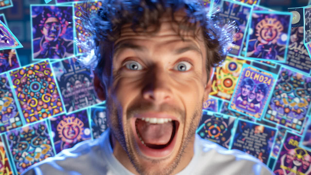 Surprised man reacts to colorful art. A man with curly hair expresses surprise against a vibrant background of artistic patterns and colors