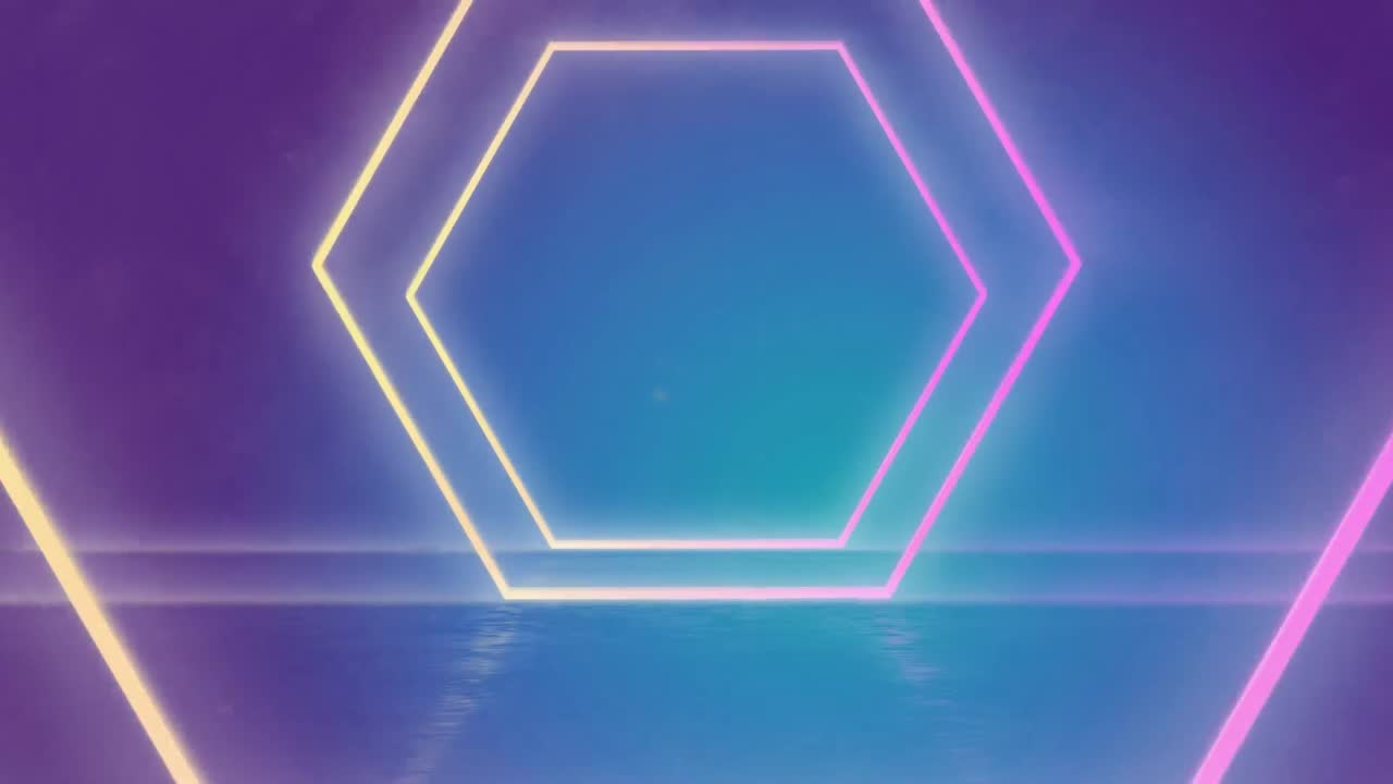 Animation of glowing hexagonal shapes in seamless pattern against purple gradient background