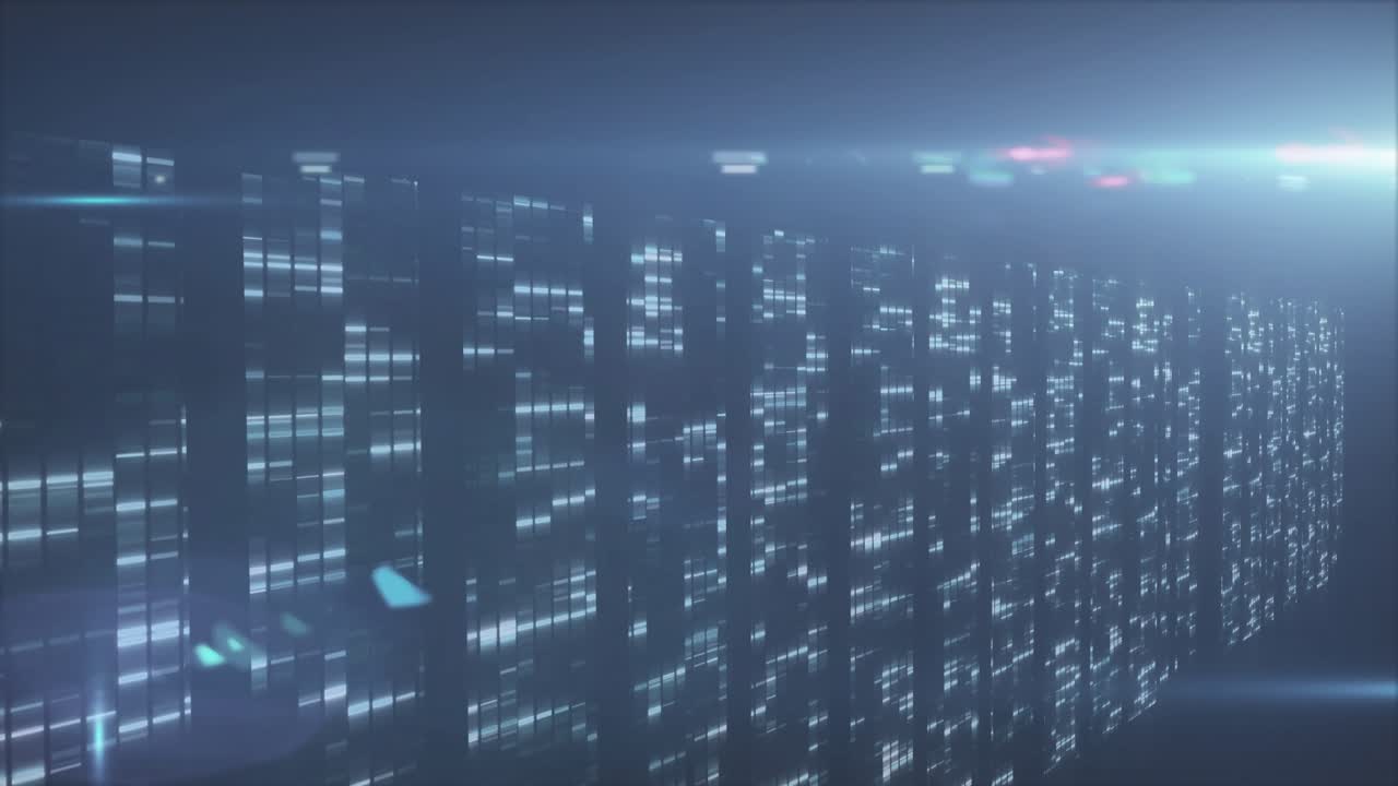 Opening grid showing data columns, scrolling code text and pulsing neon arrow visualizing data flow