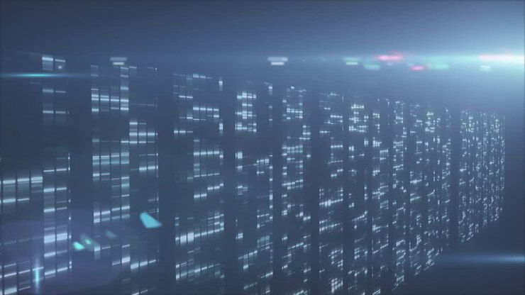 Opening grid showing data columns, scrolling code text and pulsing neon arrow visualizing data flow