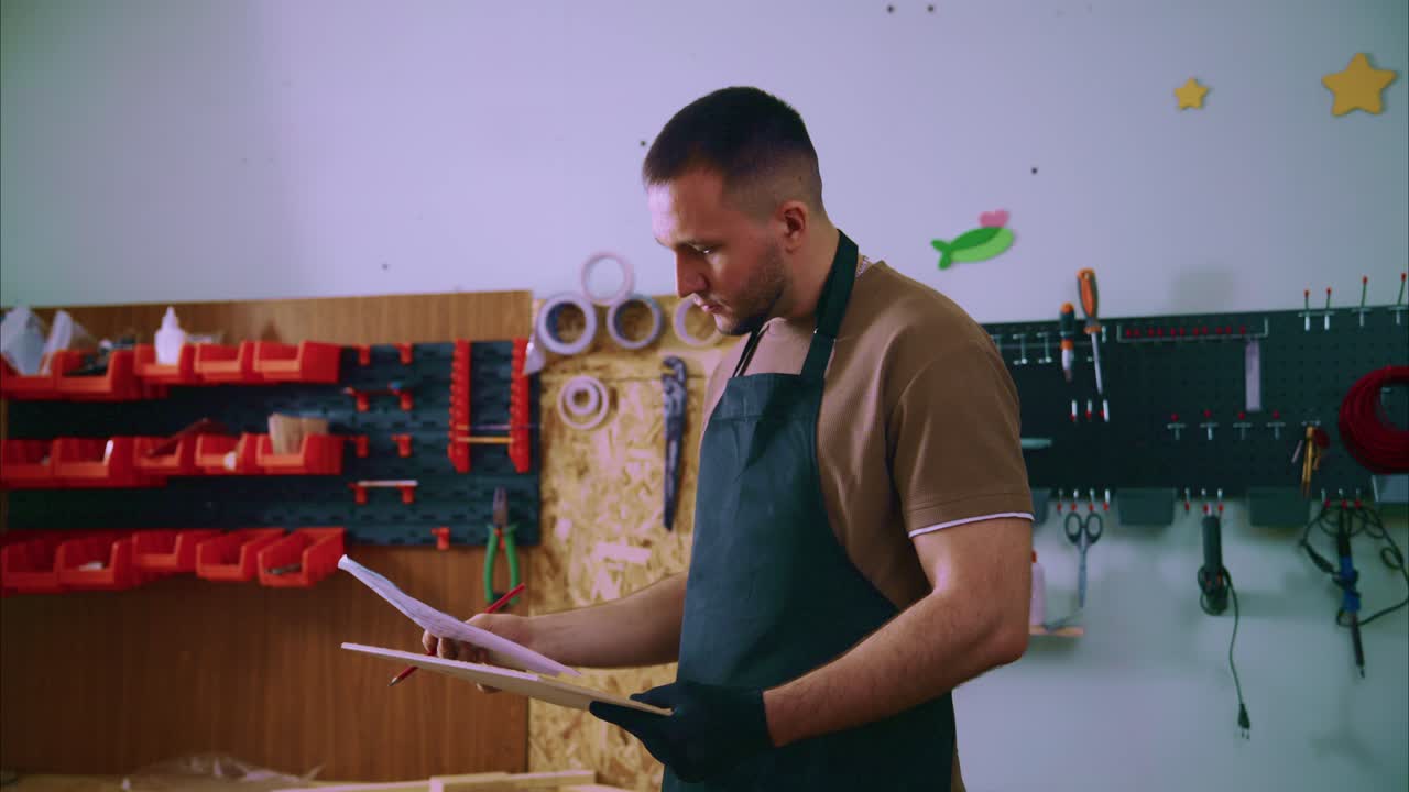 Hombre con Delantal Escribiendo en un Portapapeles en un Taller