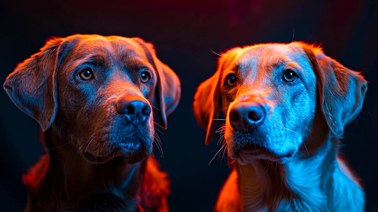 Two dogs pose for the camera. Two dogs sit side by side under bright lights in a studio. Their fur shines with different colors as they pose calmly.