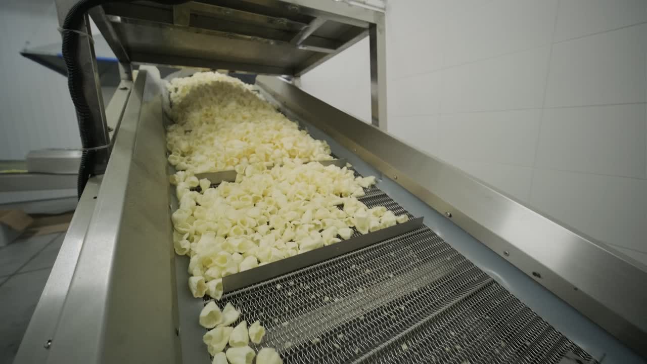 Production factory line moves golden potato chips after frying. Production line of the pasta factory