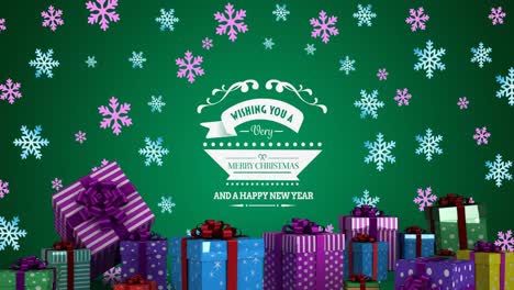 Animation-of-christmas-text-over-snowflakes-and-gifts