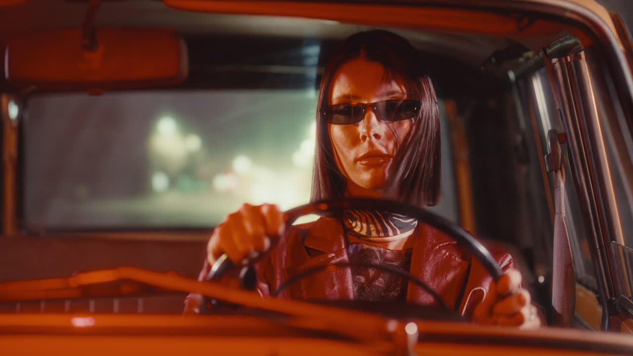 Portrait of Stylish Woman Adjusting Hair in Vintage Car during Night Drive