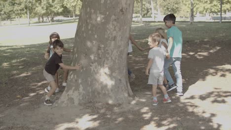 cheerful kids round dancing around tree trunk in city park