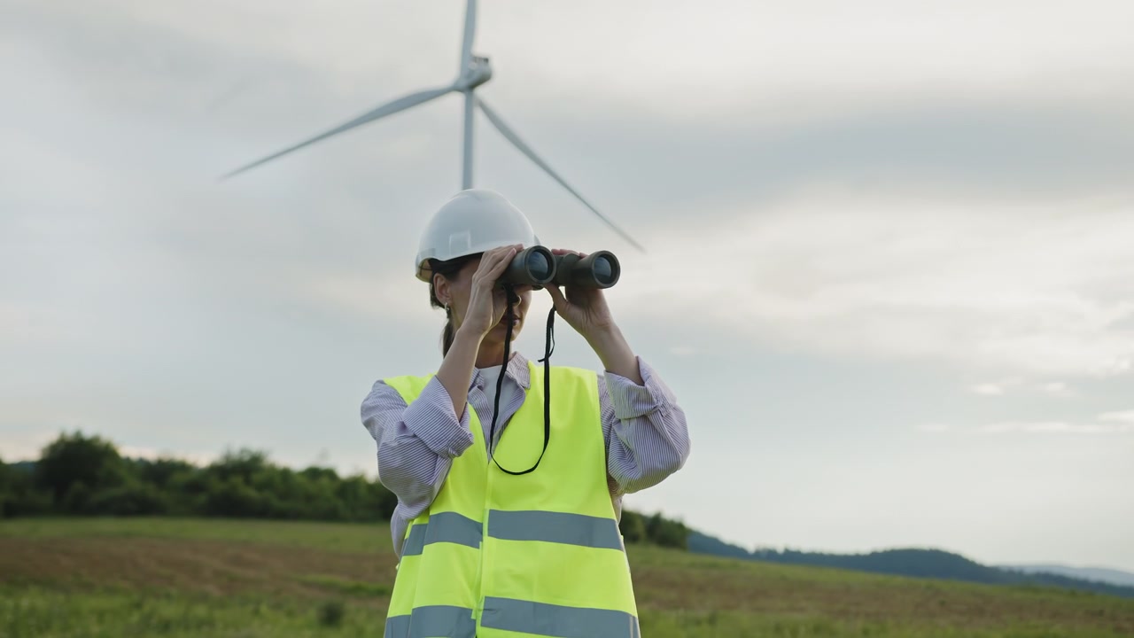 Kvinde med hat og sikkerhedsvest observerer vindmøller med kikkert i landlige omgivelser (optagelser).