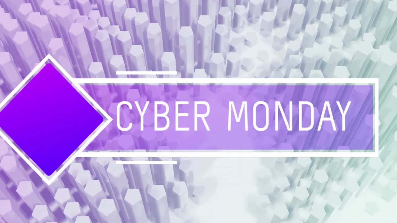 animación del nuevo texto de cyber monday en blanco en una pancarta púrpura sobre bloques hexagonales blancos en movimiento