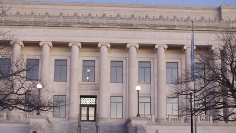 Pan-right-to-left-shot-of-State-of-Oklahoma-Judicial-Center-building-in-Oklahoma-City,-Oklahoma