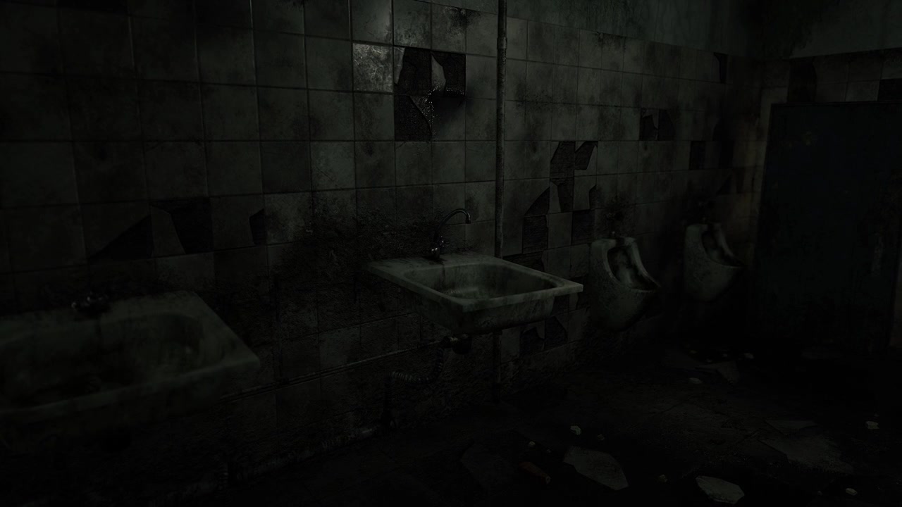Forsaken bathroom with stained fixtures and crumbling tiles creates gloom