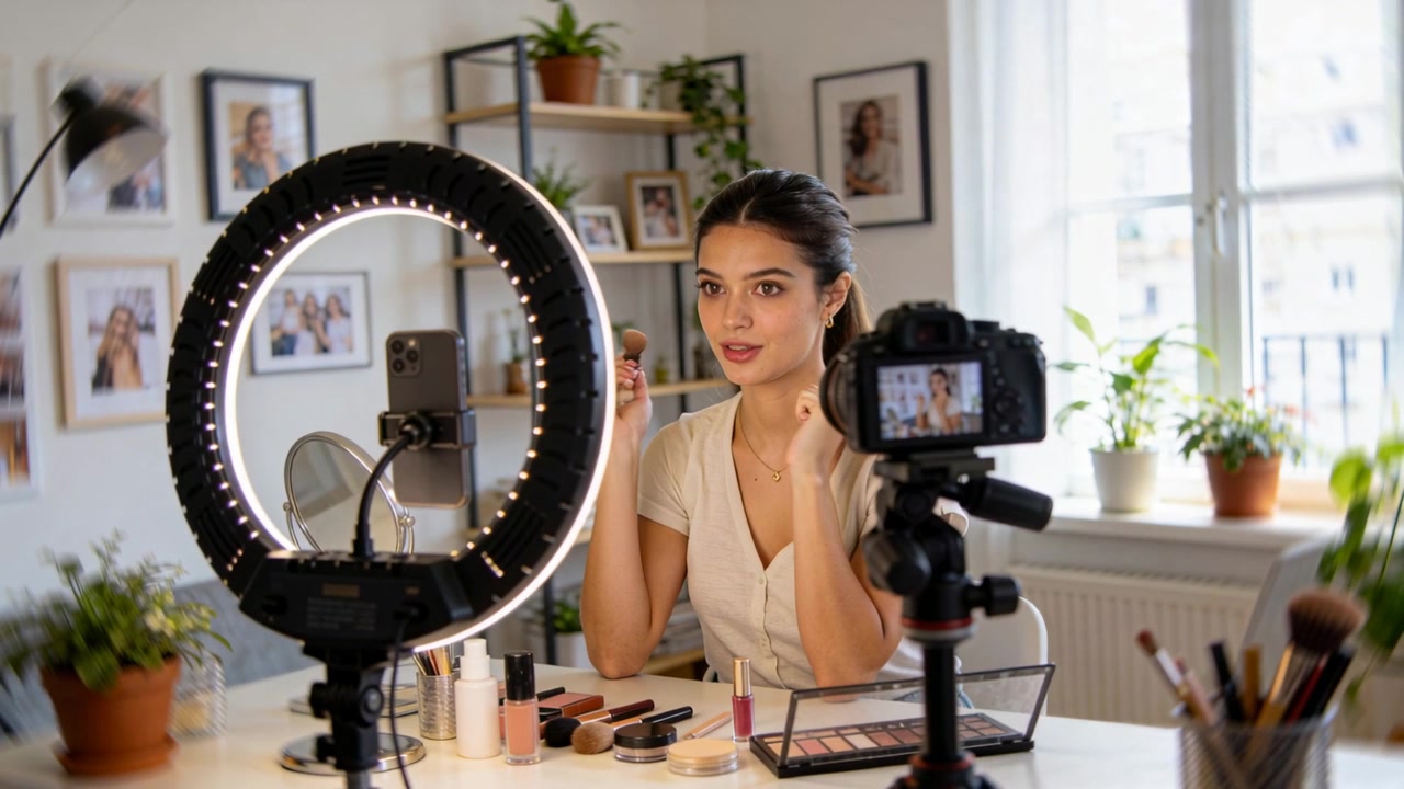 Telefonoptagelse starter, skønheds-influencer i bluse påfører blush med en svamp derhjemme, med ringlys.