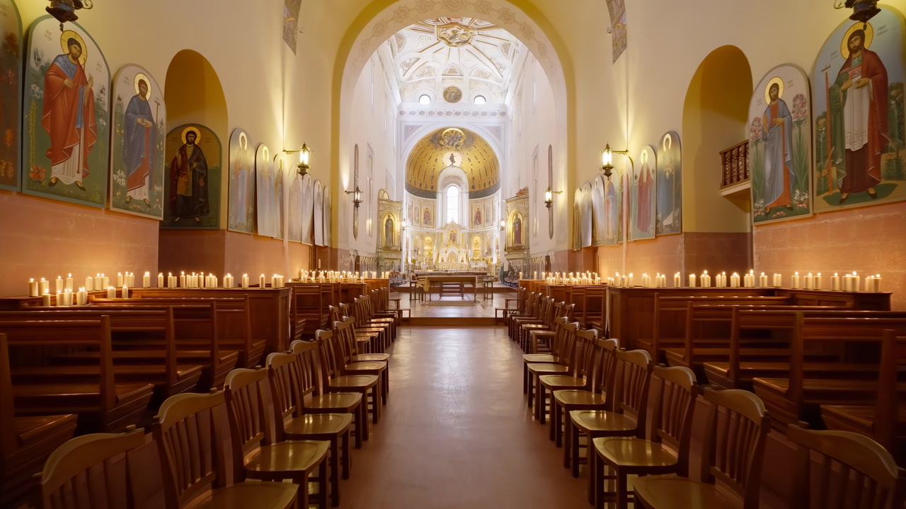 Empty Cathedral Nave Lined With Candles, Rows Of Wooden Pews, Gilded Altar Beneath Vaulted Dome, Vibrant Icon