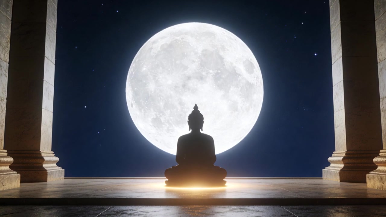 Luce dorata pulsante, generata dalla luna, che bagna un Buddha seduto su una piattaforma di pietra, evocando calma.