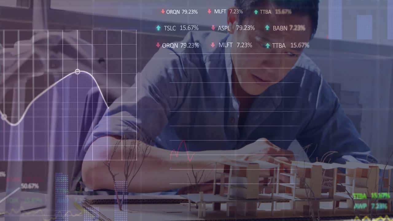 주식 시장 데이터 처리의 애니메이션 아시아 남성 건축가 사무실에서 그의 모델을 작업