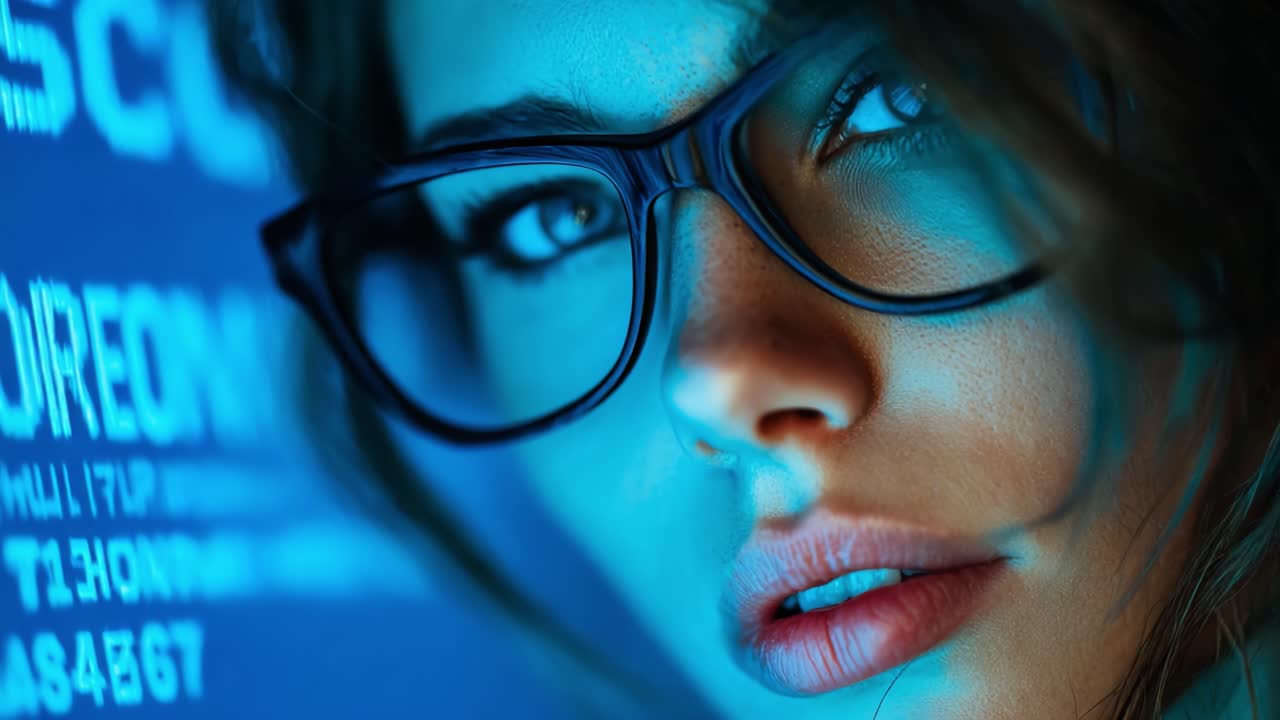 A Close-Up of a Young Woman with Glasses, Illuminated by Soft Blue Light, Capturing Intriguing Expressions and Digital Code in the Background