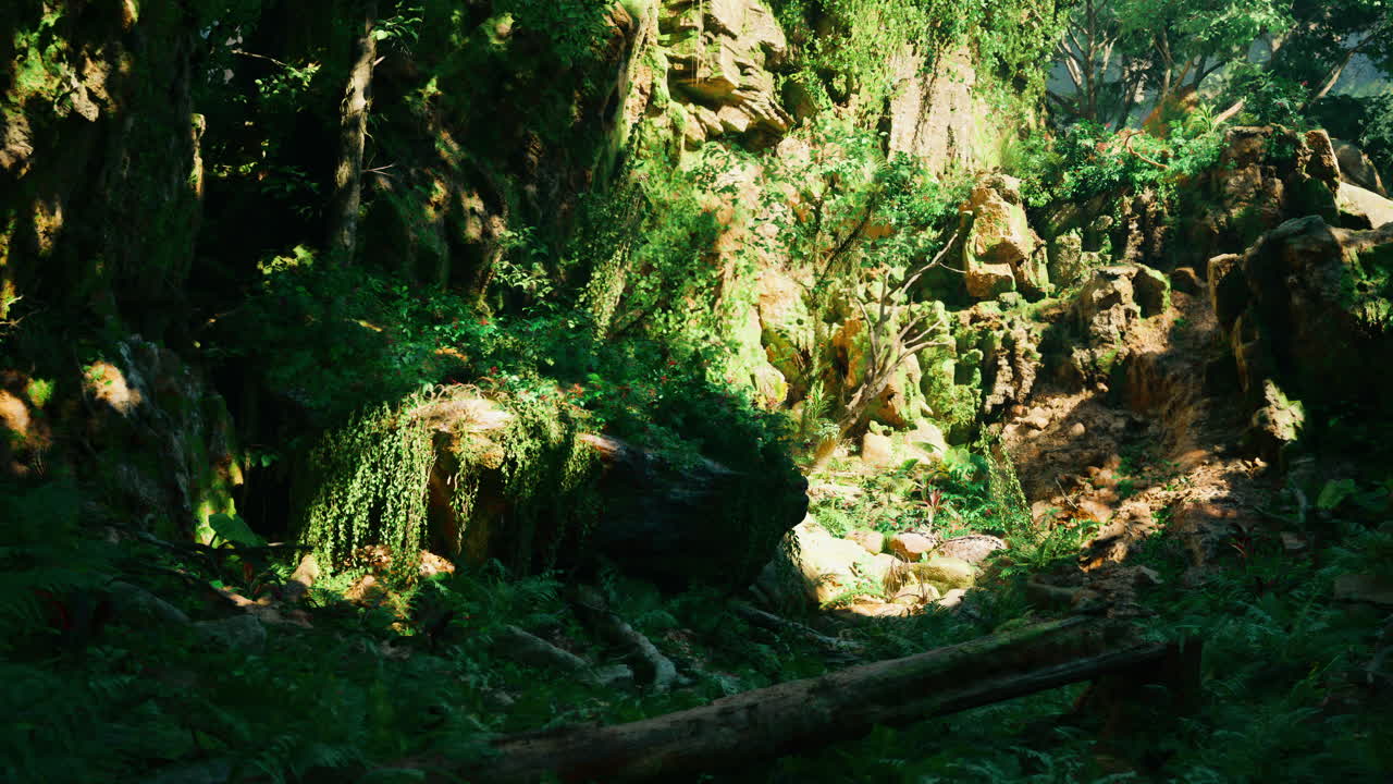 초록색 잎자루, 나무, 바위 가 있는 울창 한 정글