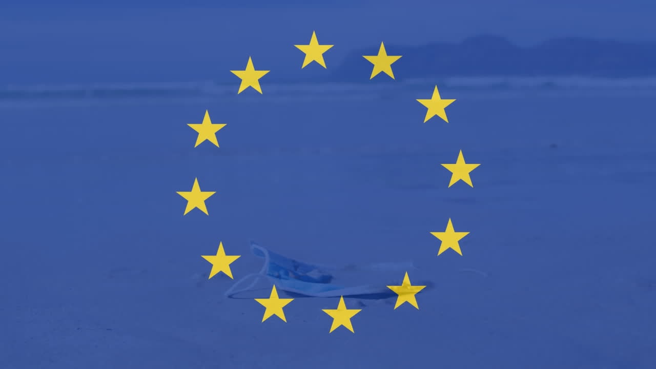 Animazione della bandiera dell'UE su rifiuti in spiaggia.