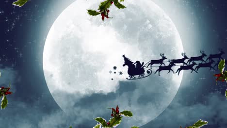 Animation-of-santa-claus-in-sleigh-with-reindeer-moving-over-moon-and-winter-landscape