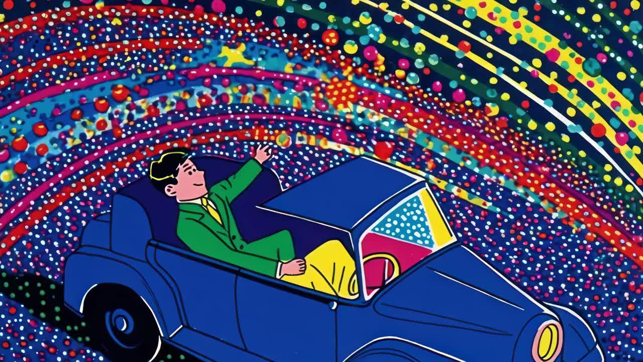 Colorful, retro-style animation of a man in a vintage car, viewed from above