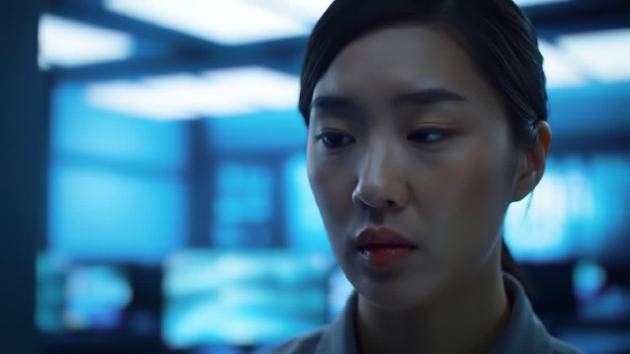 A focused moment of contemplation as a woman examines a card in a technologically advanced setting, surrounded by digital screens that reflect her serious demeanor.