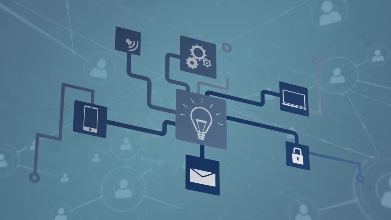 animación de la red de conexiones con iconos sobre fondo azul