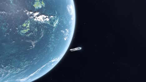 large futuristic spaceship entering orbit of an ocean exoplanet