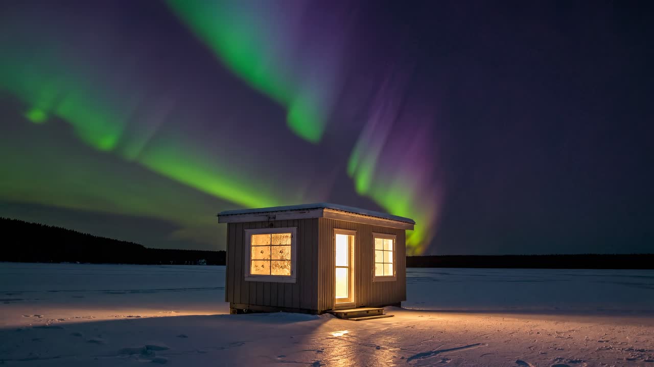 la aurora boreal ilumina una acogedora cabaña en un lago congelado