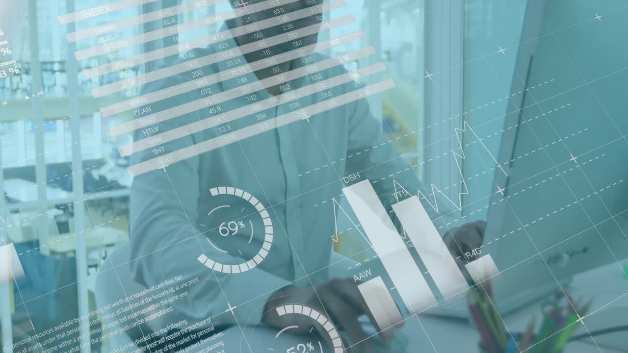 Animation af grafer og diagrammer, der behandles over afslappet kaukasisk forretningsmand, der bruger computer på kontoret