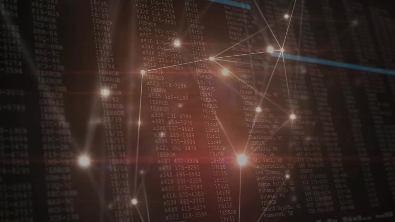 On receiving data network pulsing and reshaping while numbers scrolling with blue bars marking rows